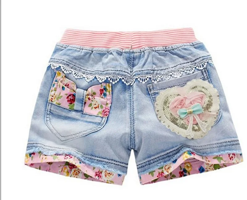 Летние рваные джинсы для маленьких девочек, детские короткие джинсовые штаны для девочек, джинсовые штаны с цветочным принтом и кружевными карманами, Джинсы для малышей, одежда для подростков, девочек 2-12 лет - Цвет: Beige