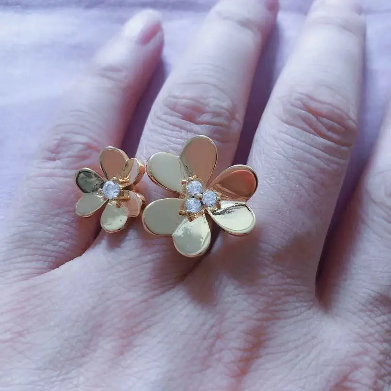 Модные двойные цветы с кубическим Цирконом в центре розовое золото регулируемое Открытое кольцо для женщин
