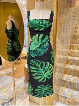 

High Quality Green Banana Leaf Printed Silk Slim Hip Strap Dress