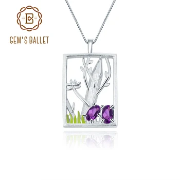 

GEM'S BALLET 925 Silver Gold Plated Two Tone Handmade Grass Pencil Tree Natural Amethyst Woman’s Statement Pendant Necklace
