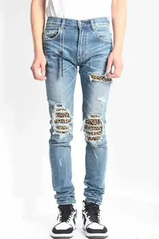 

men Leopard ribbed patch stretchy skinny ditressed blue jeans
