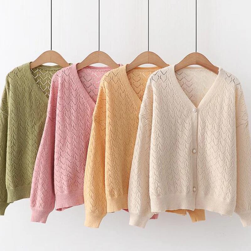

2019 Spring Autumn Simple Solid V-neck Casual knitted cardigans women hollow out long sleeve Fashion Cardigan for Female