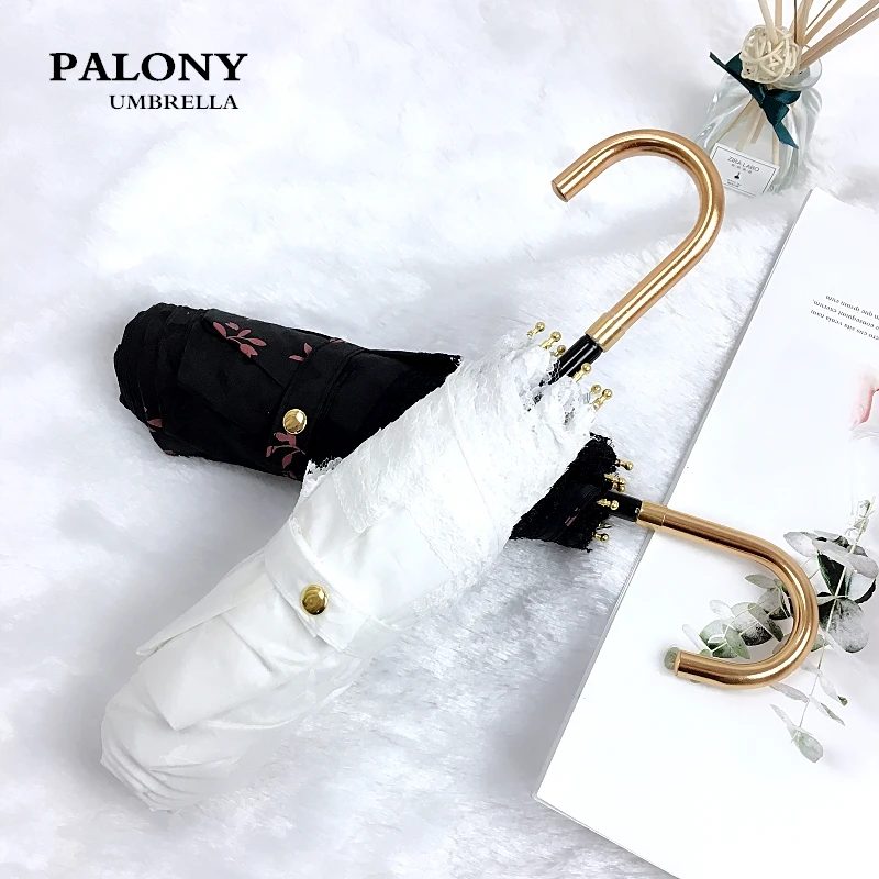 

PALONY three fold women's sunshade rain umbrella the handle is gold curved hook and the umbrella is lace style