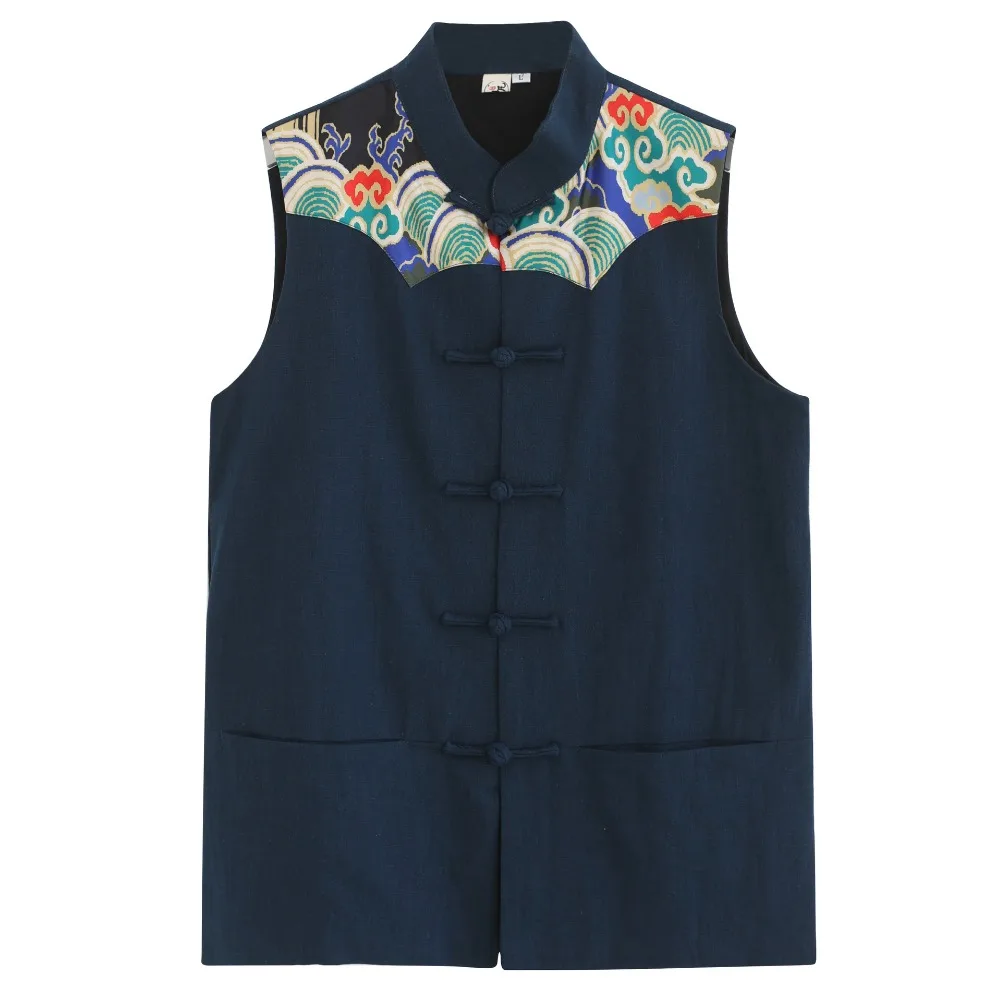 LZJN 2019 Men's Summer Waistcoat Chinese Style Print Patchwork Linen Button Down Kung Fu Shirt Sleeveless Vest Jacket (25)