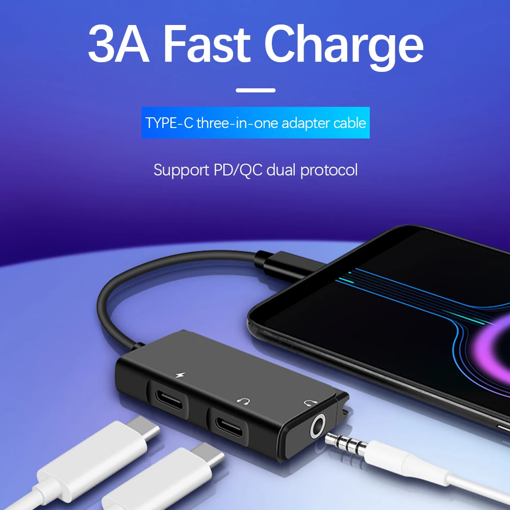 3 in 1 Type C Headphone Adapter PD Fast Charge Digital Audio Converter Voice Live Broadcast for Huawei P40 Xiaomi T10 Lite Pro