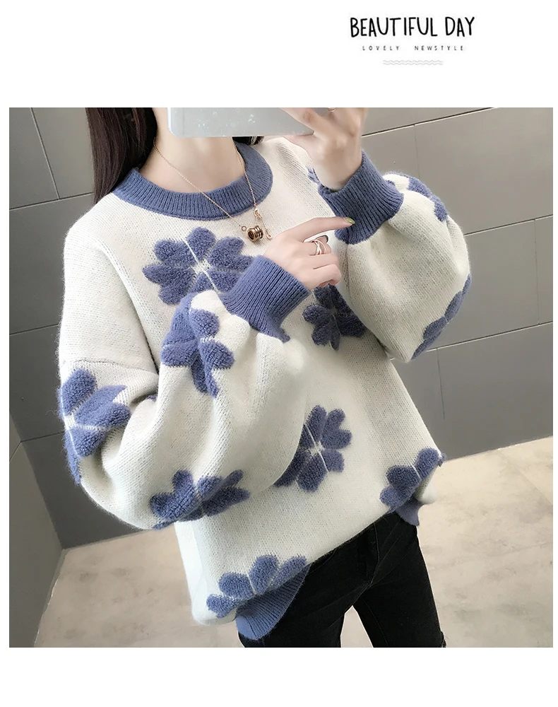 2019 женский свитер на весну и осень, однотонный, с вышивкой, с длинными рукавами, с круглым вырезом, плотный, теплый