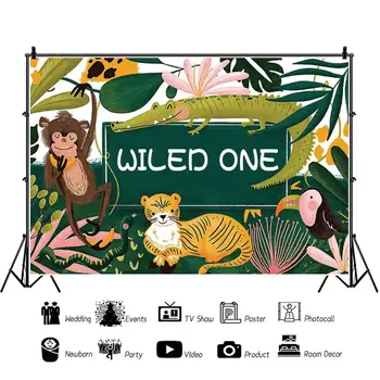 

Laeacco Wiled One Tropical Palms Leaves Forest Monkey Tiger Crocodile Baby 1st Birthday Party Photography Backdrops Photozone