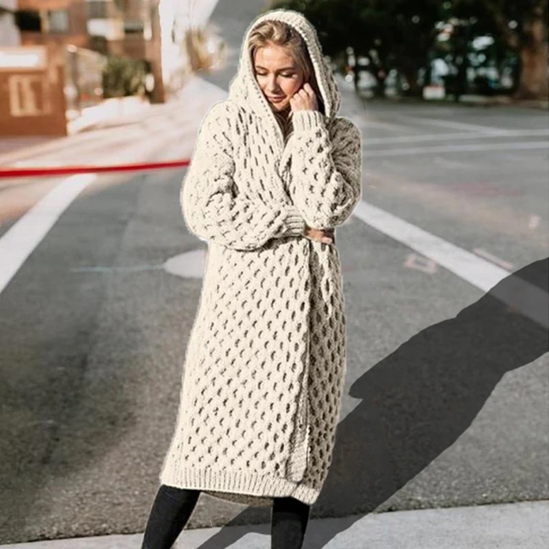 

New Hot Warm Women's Knitted Sweater Winter Thick Hooded Female Long Cardigan Solid Long Sleeve Casual Coat Plus Size Jackets