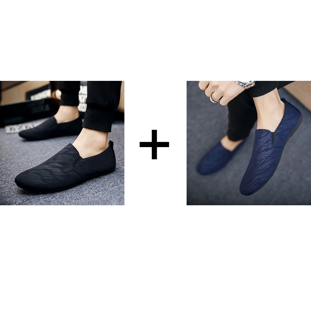 Black and Blue Размера плюс размеры 38–46 модные повседневные мягкие удобные мужские лоферы из парусины; Классическая обувь на плоской подошве обувь для вождения, в ретро стиле, обувь без шнуровки, наборами по 2 пары - Цвет: Black and Blue