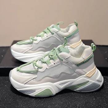 

Women Fashion Sneakers Platform Chunky Lace Up Mesh Casual Shoes Brand Gray Old Dad Shoes Woman 5cm Vulcanized Shoes Green 2020