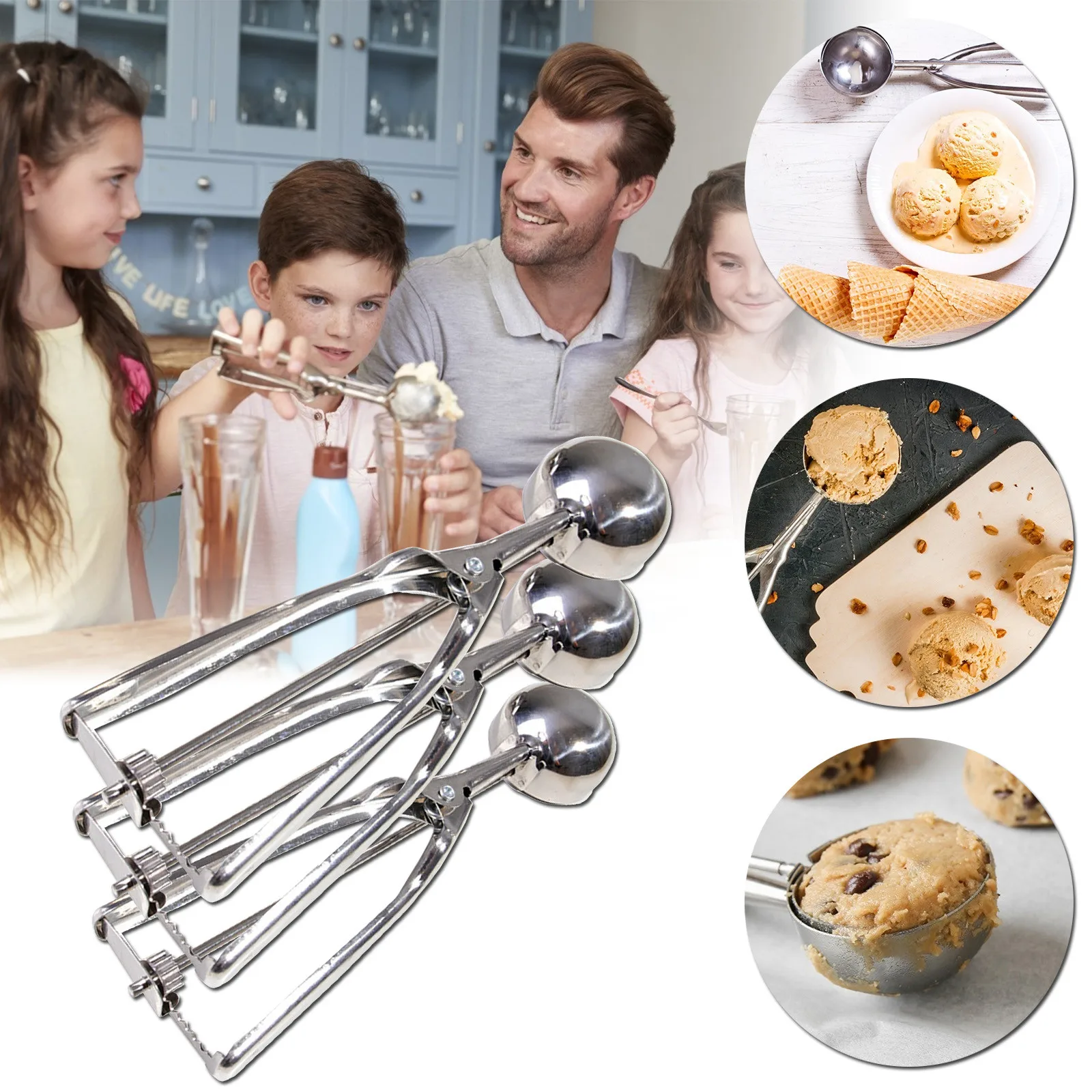 Ice Cream Scoop Spoon Spring Handle Masher Cookie Scoop Stainless Steel New