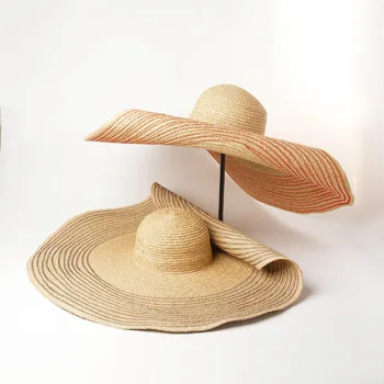 

High fashion hats Hand-woven colored striped edges Raffi straw hat sun shade sunken large brim hat