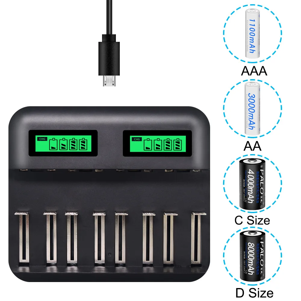 Зарядное устройство с ЖК дисплеем 8 слотов USB для аккумуляторов AA AAA SC C D 1 2 в Ni MH