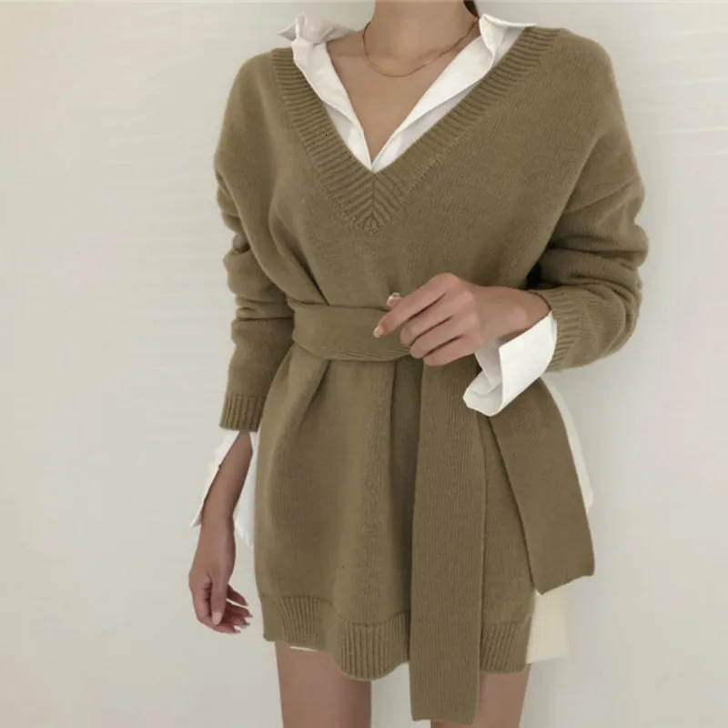 

Women Autumn Knitted Sweater V Neck Long Sleeve Pullover Jumper Slim Waist Pull Femme Casual Sueter Mujer Truien Dames Jersey