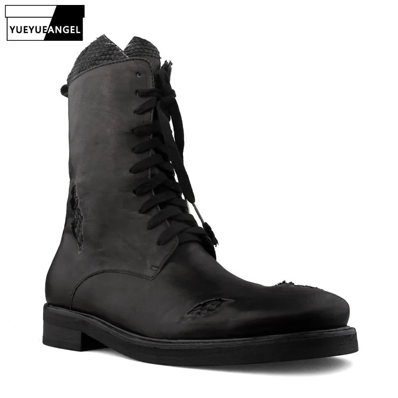 

Personality Patch Hole Snake Skin Retro Mens Mid Calf Boots Harajuku Luxury Genuine Leather Horse Skin Cross Tie Male Safe Boots