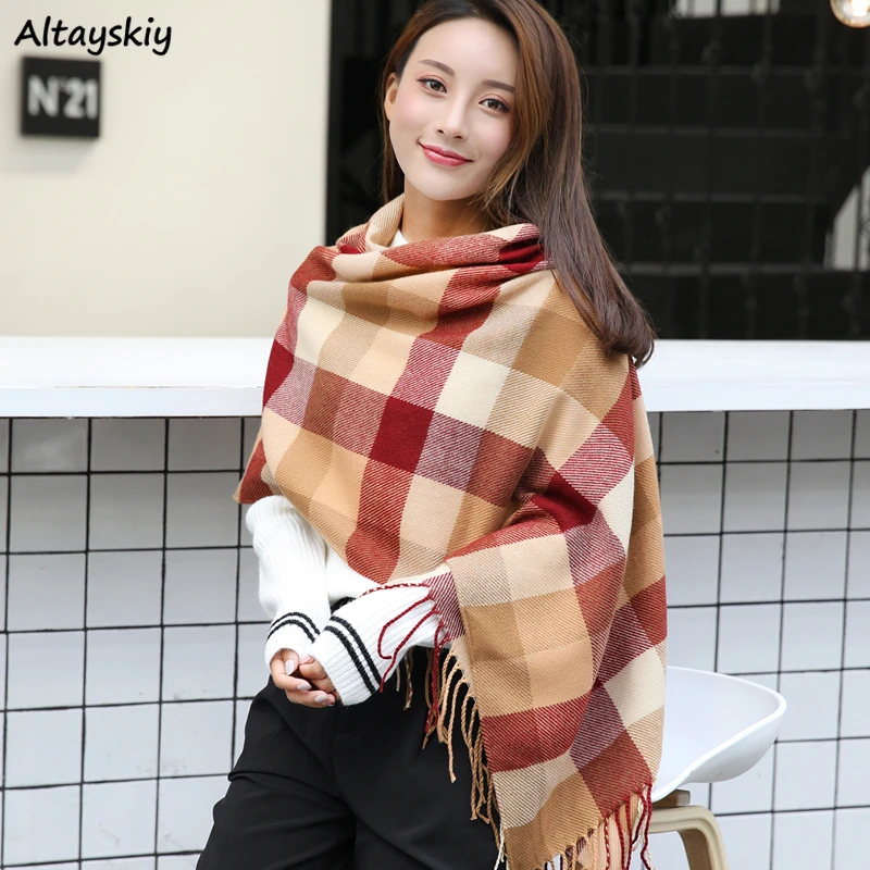 Bufandas a cuadros mujer, pañuelos de de estilo coreano para estudiantes, envolturas gruesas, a la moda, combinan con todo, para invierno|Bufandas de mujer| -