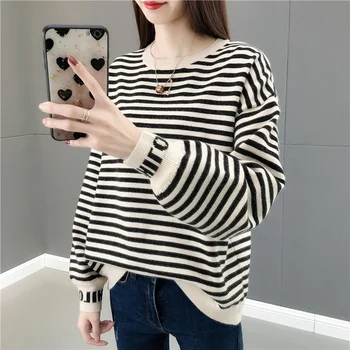 

Pullover Sweater Women Winter Loose Round Neck Striped Knit Sweater Women's Jumper Winter Clothes Women