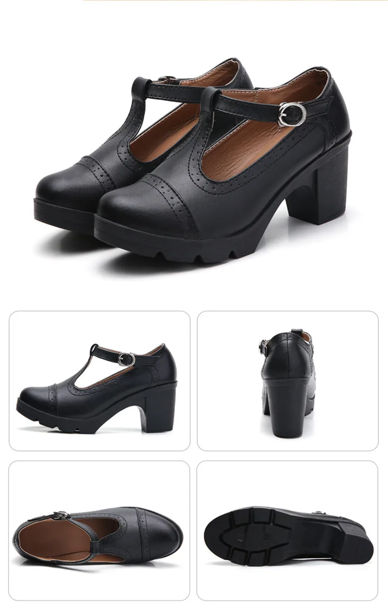 Size 34-43 Pumps Women's Shoes Buckle T-Strap Leather Oxfords Shoes Mary Jane Retro Mid-Heel Ladies Platform Single Pumps Shoes (22)