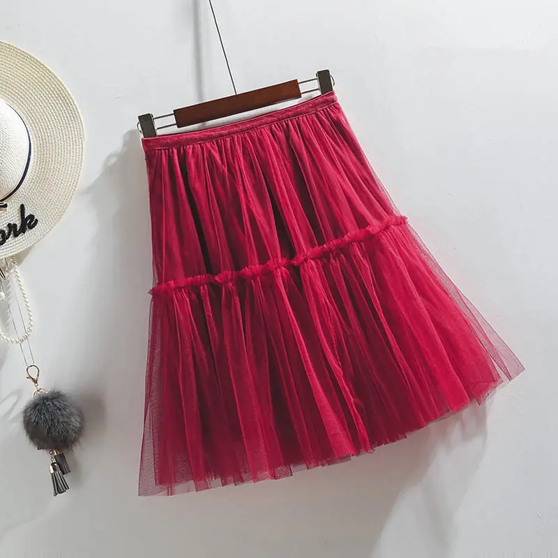 Red Skirts Весенне-летние юбки, Женская сетчатая юбка в складку, женская повседневная короткая Сексуальная мини-юбка с высокой талией, однотонная женская юбка Q2255 - Цвет: Red Skirts