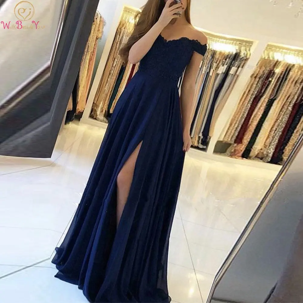 

Navy Blue Split A-Line Women Prom Dress 2020 Formal Party Off Shoulder Appliques Lace Evening Gowns abendkleider Walk Beside You