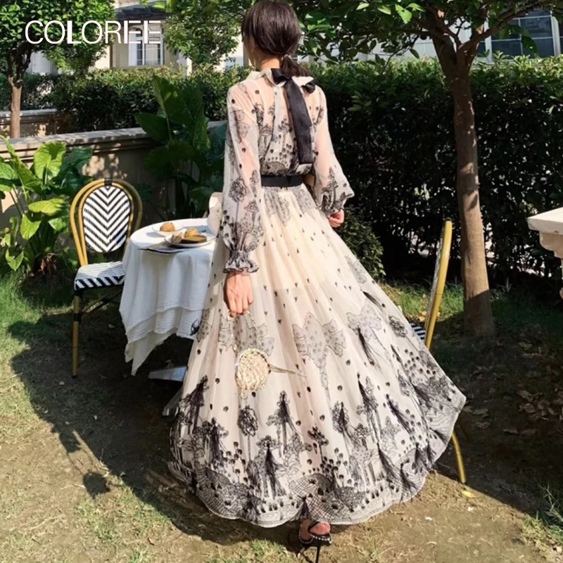 COLOREE 2019 Herfst Winter Vrouwen Lange Jurk Elegante Ruches Lange Mouwen Borduren Vrouwen Jurk Vintage Beige Maxi Jurk Vestidos