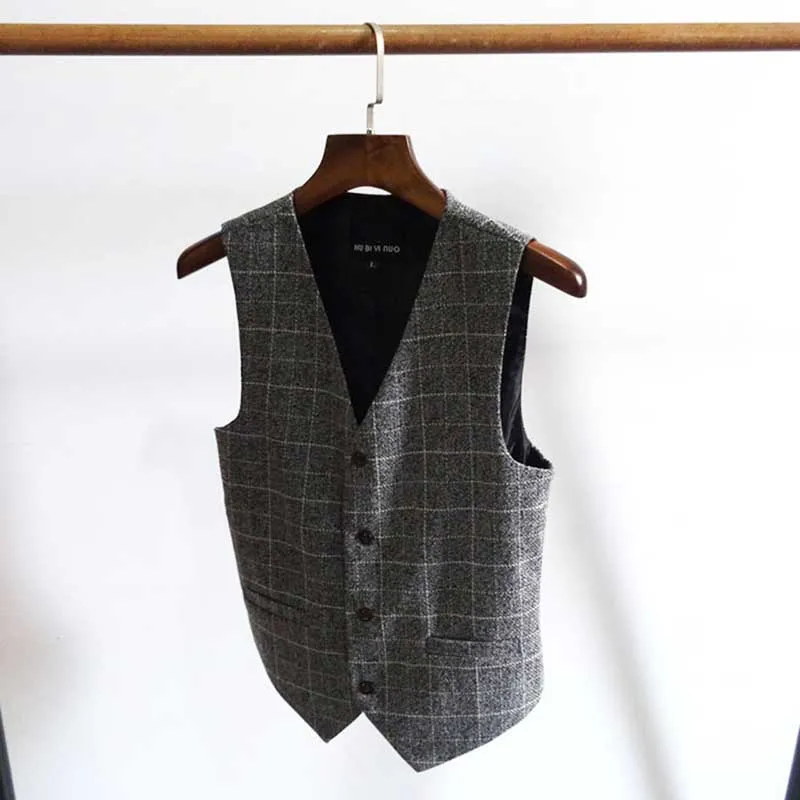 802 Light Gray 4 сезона клетчатый костюм жилет Корейская версия для мужчин повседневный жилет для делового костюма жилет без рукавов свадебная мужская одежда размера плюс - Цвет: 802 Light Gray