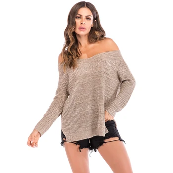 

Off Shoulder Sexy Sweater Women Long Sleeve V Neck Loose Knitted Pullover Women 2019 Autumn Fashion Female Jumper pull femme