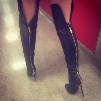 

Sexy Back Zipper Over The Knee Boots Pointed Toe Black Leather Tight High Boots Thin Heels Winter Long Tall Boots
