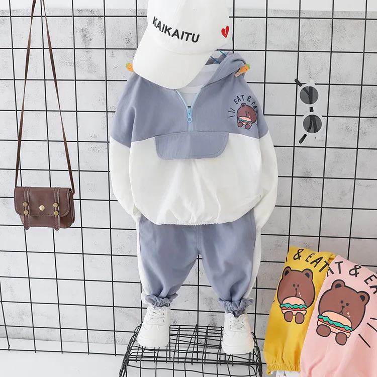 Новинка; roupa infantil Bebek; костюм для мальчиков; сезон осень; цветная Спортивная рубашка с длинными рукавами и капюшоном с героями мультфильмов; брюки комплект детской одежды из 2 предметов - Цвет: Синий