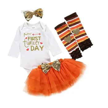

0-18months Toddler 4pcs Outfits Baby First Thanksgiving Day Baby Girl Clothes Set Rompers Mesh Skirt Legging Headband Girls Set