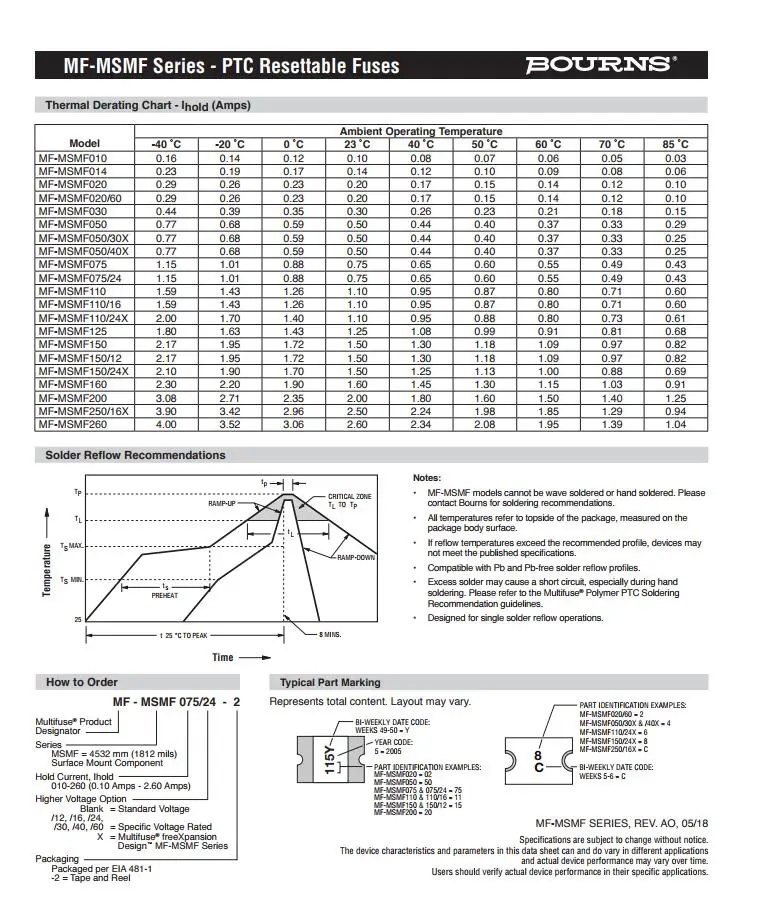 100 шт х MF-MSMF 0.14A 0.2A 0.3A 1.1A 1.25A 2.5A 2.6A 6V 8V 15V 30V 40 60V 1812 SMD Самовосстанавливающиеся предохранители для Bourns