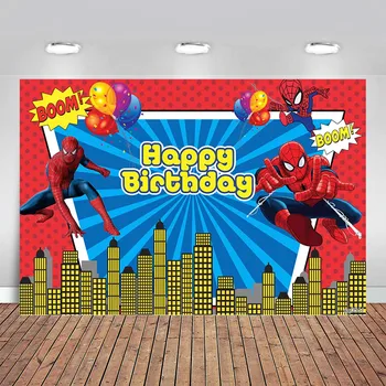 

Superhero Spiderman Photography Backgrounds Comics Balloons Buildings Boys Birthday Party Backdrops for Photo Studio