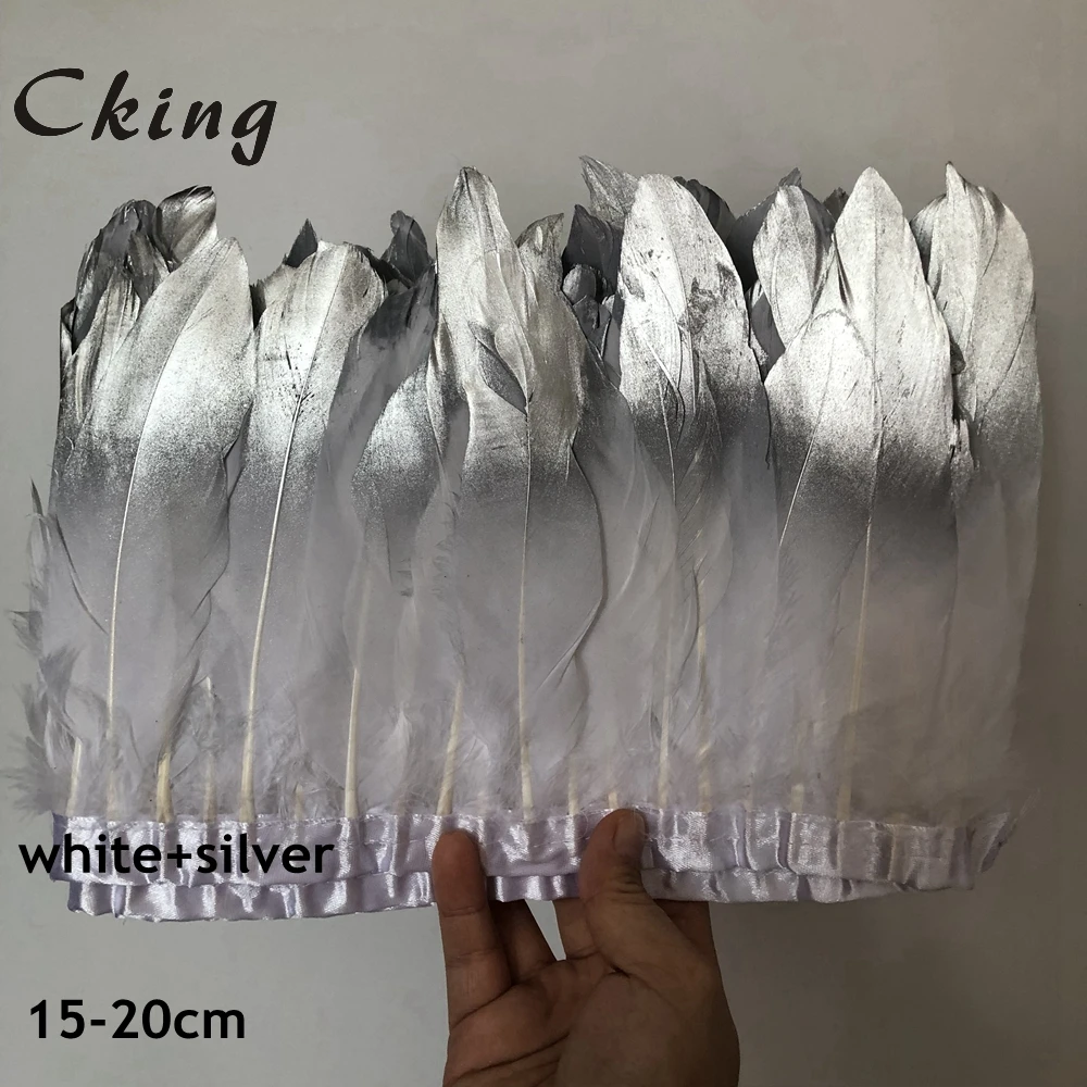 white Cking 10 ярдов/лот серебряная краска украшение из гусиных перьев бахрома 15-20 см 6-8 дюймов diy натуральные гусиные утки перо Кружева для карнавала деко - Цвет: white