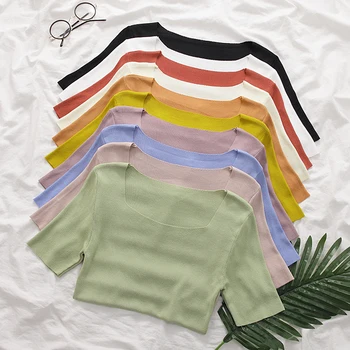 

Candy Color Square Knitted Shirt Short-Sleeved T-shirt Female 2020 Spring Summer New Korean Women's Slim Fit Shirt Fashion