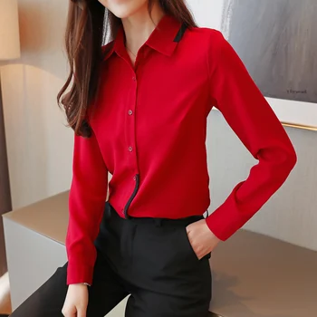 

COIGARSAM Chiffon Shirt Womens tops Spring Panelled Turn-down Collar Women shirts White Blue Wine Red 2627