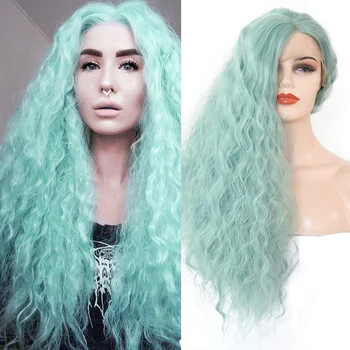 

AIMEYA Mint Green Long Loose Wave Synthetic Lace Front Wig for Women Heat Resistant Fiber Hair Cosplay Lace Wigs Half Hand Tied