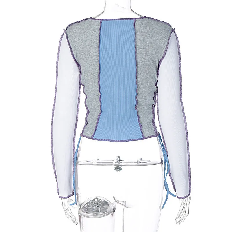 Women's Reverse Sewing Color Block Crop Top High Street Long Sleeve Round Neck Tie Short T-shirt Slim Sexy Navel Pullover