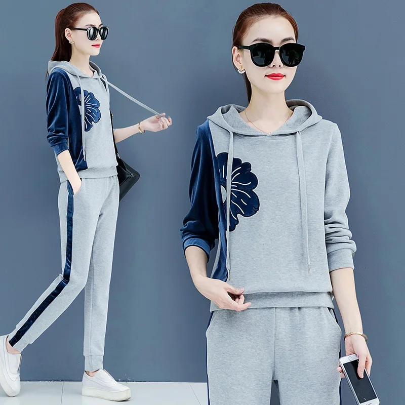 

Autumn Women Sportswear Tracksuit Flower Printed Hooded Hoodies Sweatshirt+pant Running Jogging Fitness Outfit Set Sport Suit