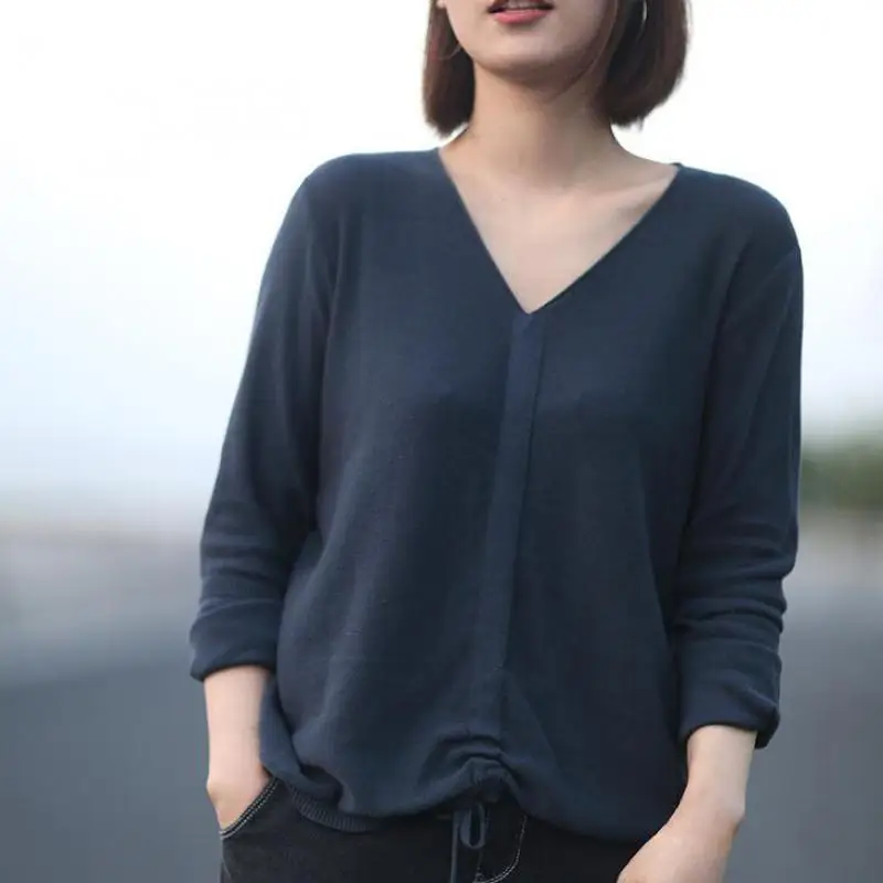 Корейский досуг v-образным вырезом однотонный с кулиской женские пуловеры свитера осень универсальные 9 цветов женский свитер