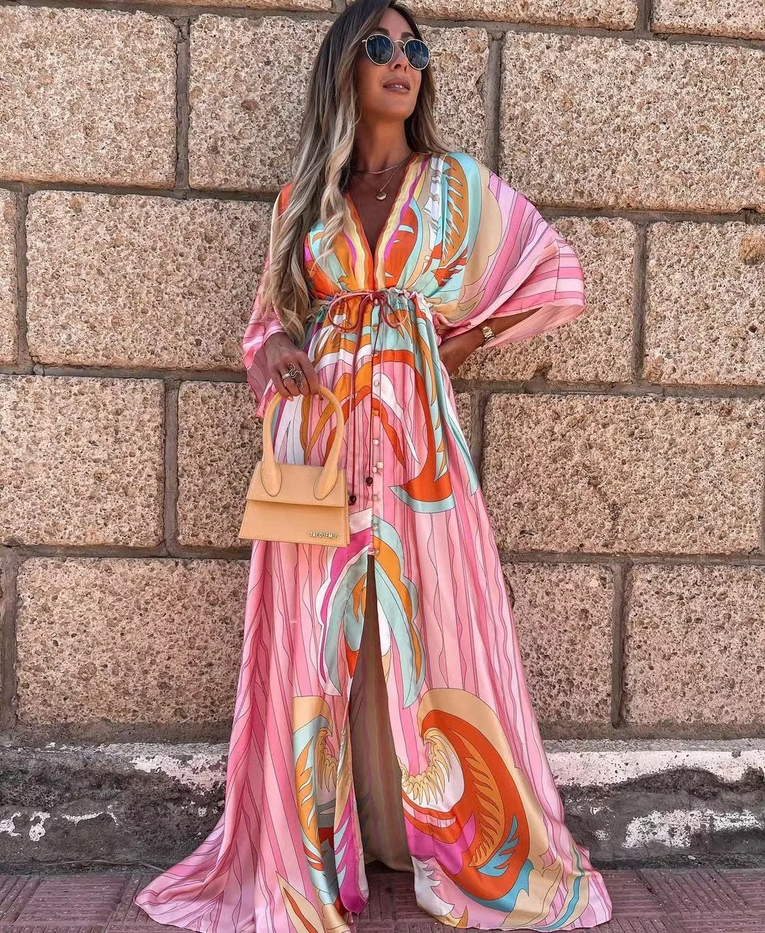 

2021 Women Gorgeous Print Hem Maxi Dress Summer Boho Deep V Button Party Dresses Elegant Slit Elastic Waist Beach Long Dress XXL