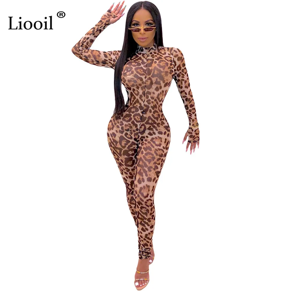 Leopard Liooil Леопардовый принт, сексуальный клубный цельный комбинезон Колготки Осень длинный рукав водолазка вечерние облегающие Комбинезоны Женский комбинезон - Цвет: Leopard