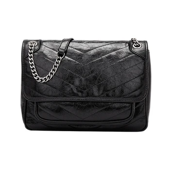 

Retro Women Totes Bag Oil Wax Real Leather Handbag Slant Flap Cube Chains Shoulder Messenger Bags Cowhide Purse Clutch