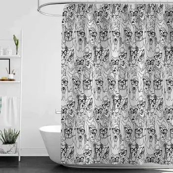 

Dog Waterproof and colorful shower curtain Cute Monochrome Trace Sketch Pugs Bulldog Terrier with Glasses and Hats Hipster