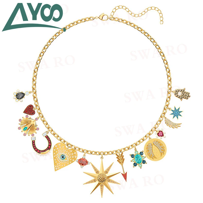 

AYOO New Lucky Goddess Gold Tone Charm Necklace Devil Eyes Heart Shaped Crystal Ladies Necklace