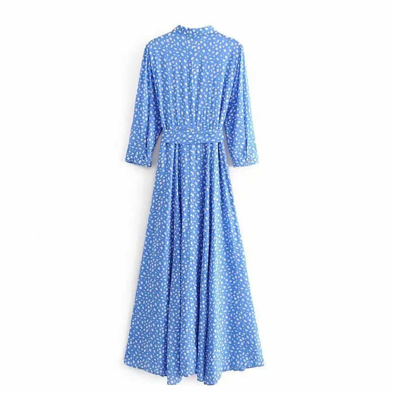 ZA осеннее Новое синее леопардовое платье в английском стиле с поясом, длинный рукав, отложной воротник, модная повседневная Уличная одежда миди
