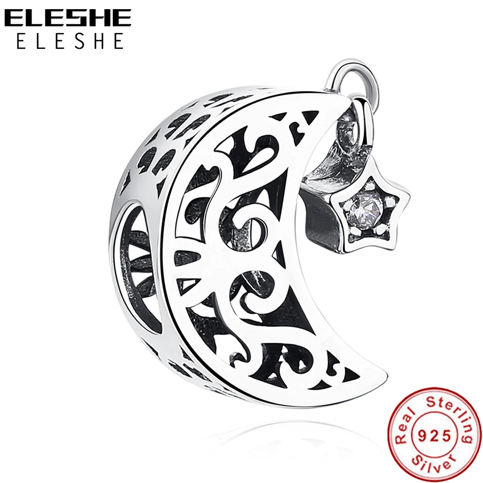 ELESHE, Европейский 925 пробы, серебряные, с Луной и звездой, хрустальные бусины, шарм, подходит для оригинального браслета, ожерелья, сделай сам, изготовление ювелирных изделий