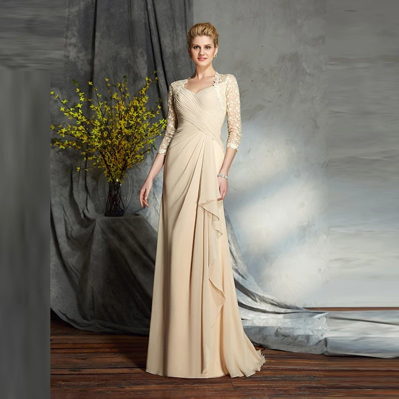 

Charming Champagne Full Length Lace Mother of the Bride Dresses Three Quarter Sleeves Pleating Ruffles Wedding Party Gowns