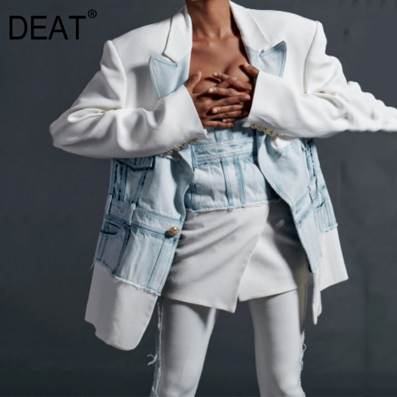 

DEAT Lapel Long Sleeve Stitching Washed Denim Single Button coats Femme Jacket Casual Simple Fashion 2019 Autumn Coat New TV628