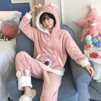 

Winter Thick Warm Flannel Women Sleepwear Cartoon Sweet Lovely Pajamas Clothes for Girls Autumn Students Sleep Lounge Wear Suits