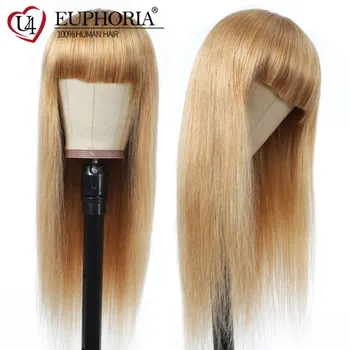 

Honey Blonde 27 Straight Wigs Brazilian Remy Human Hair Full Machine Wigs With Bangs Burg Red 99J Bob Wigs 8-28Inches EUPHORIA